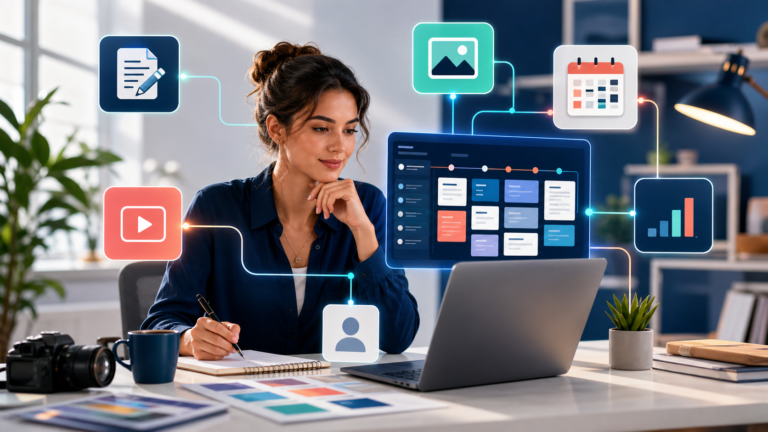 Small business creator managing an AI content workflow across writing, design, video, scheduling, and analytics