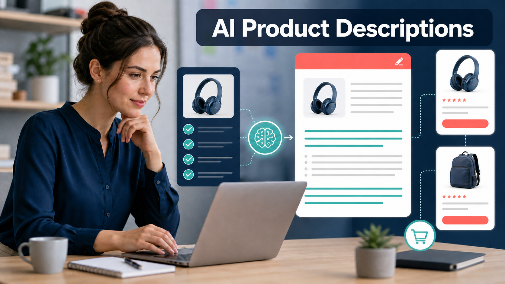 Online seller creating AI product descriptions from verified product information