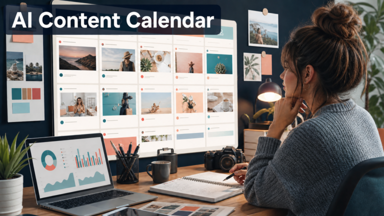 Creator planning an AI-assisted social media content calendar with visual assets and analytics