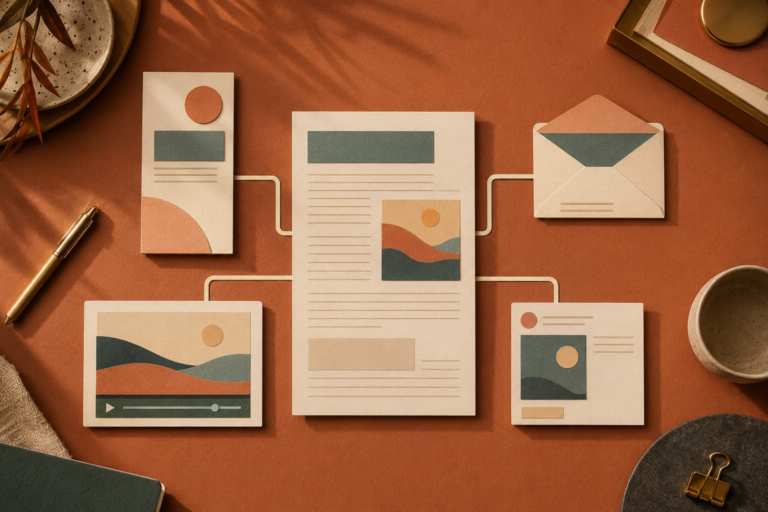 Editorial content workflow showing one article adapted into video email and social posts