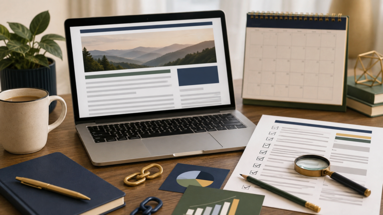 Affiliate content update audit workspace with laptop and checklist