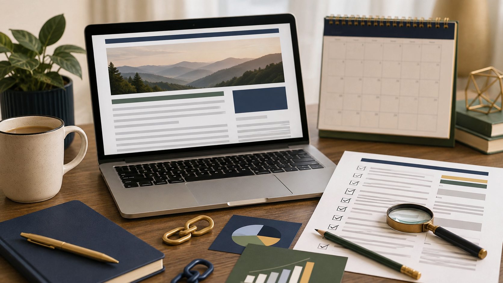 Affiliate content update audit workspace with laptop and checklist