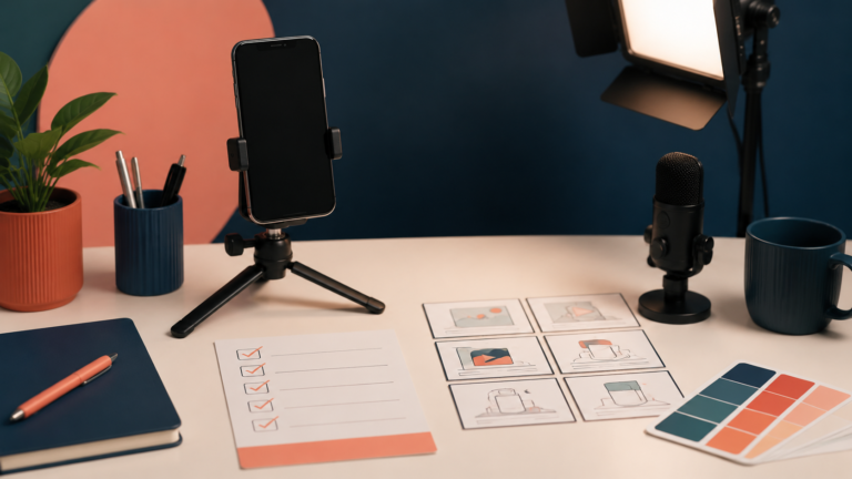 Short-form video planning workspace with phone, microphone, shot list, and storyboard cards