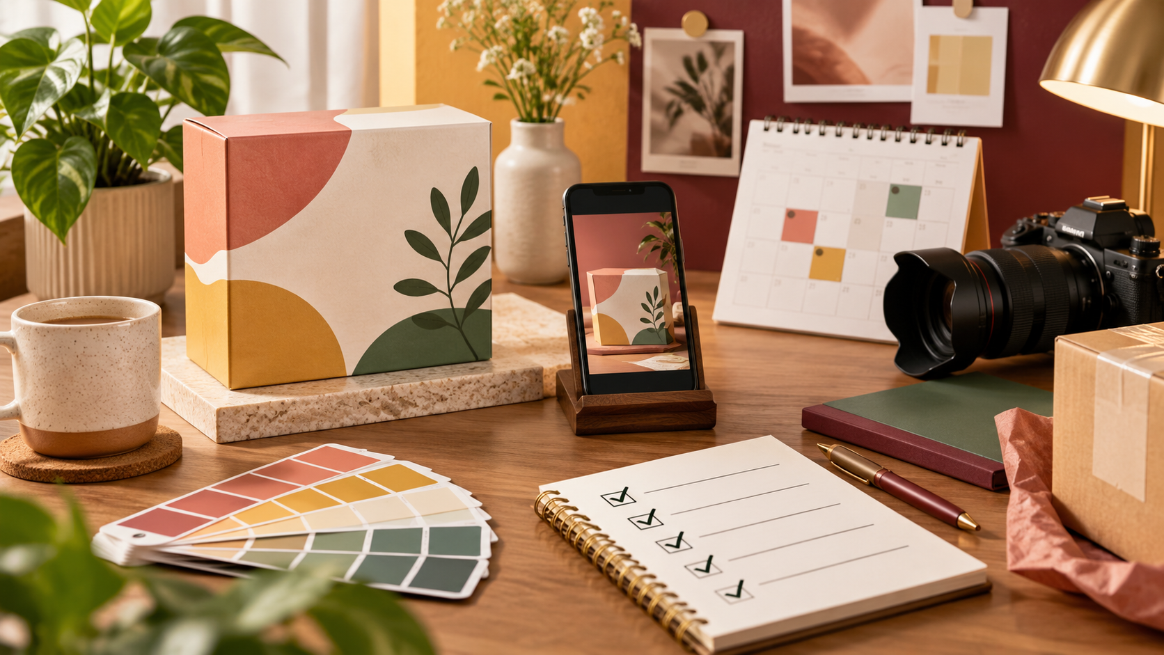Product launch planning workspace with package, camera, phone, calendar, and checklist